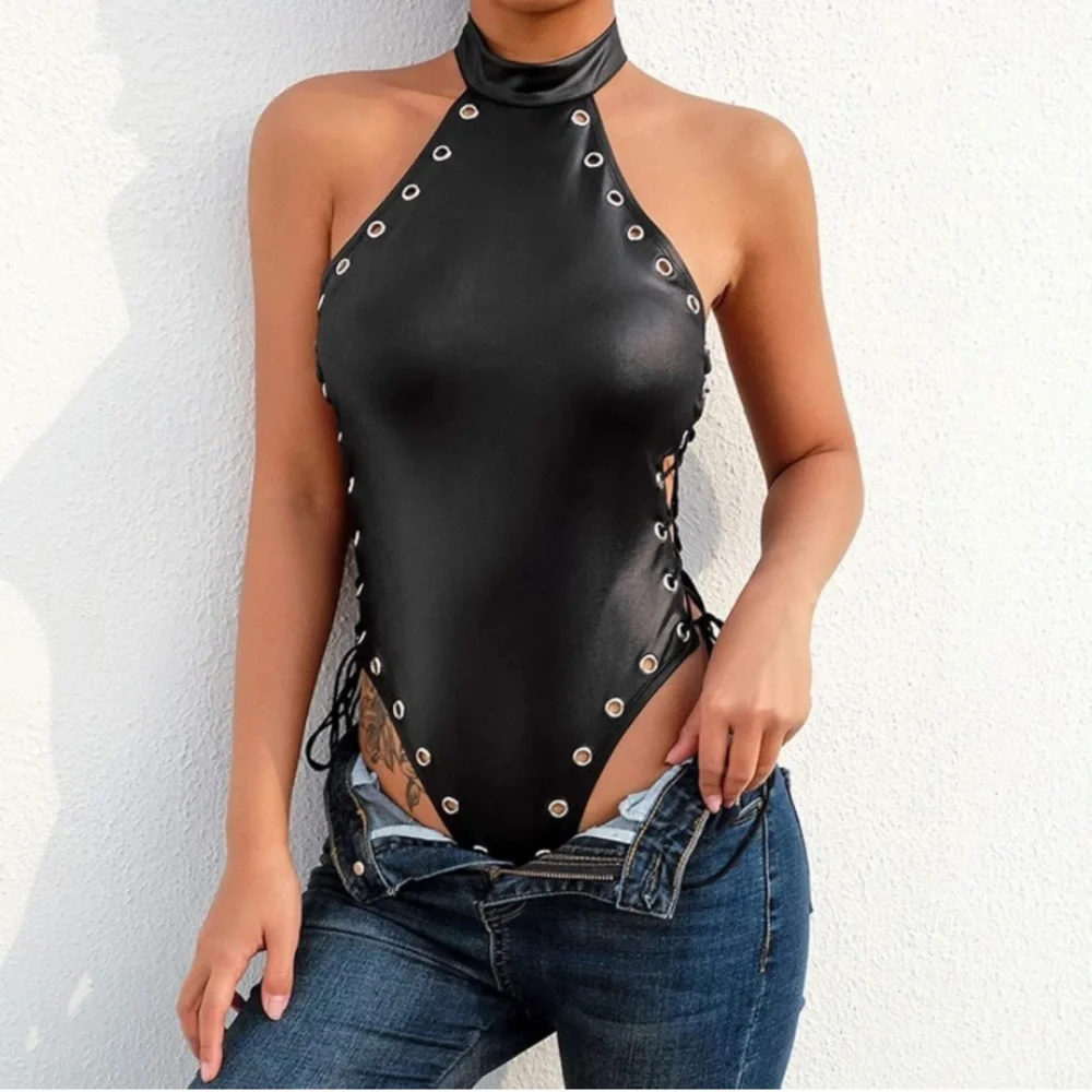 Faux Leather Lace Up Bodysuit - Picture 2 of 14